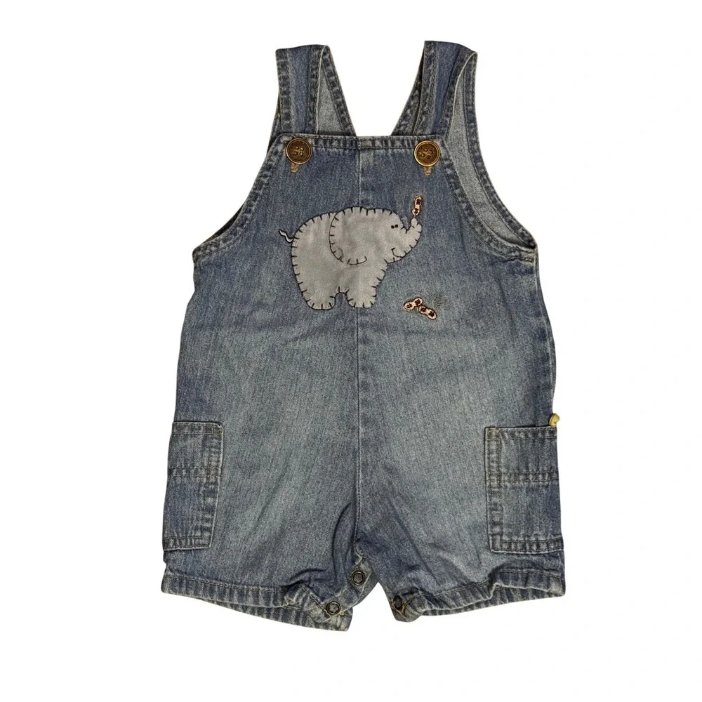Blooz by Cachcach Vintage Elephant Denim Overalls Romper Light Wash 18M USA Made